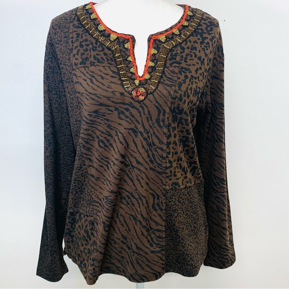 Chicos 2 Beaded Top Woman Large Brown Animal Print 100% Cotton Long Sleeve Work